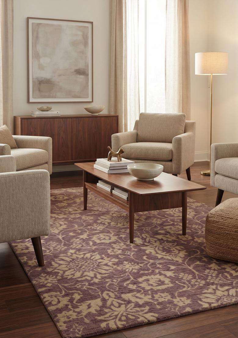 Saffron Rugs Hand-Tufted 100% Wool Area Rug | Wine Purple Rectangular Rug | Cotton Backing | Classic Floral Carpet for Living Room - Indya