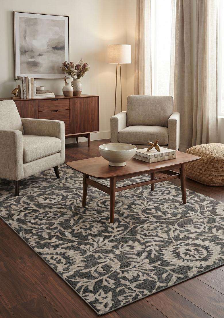 Saffron Rugs Hand-Tufted 100% Wool Area Rug | Grey Floral Rectangular Rug | Cotton Backing | Transitional Floral Carpet for Living Room - Indya