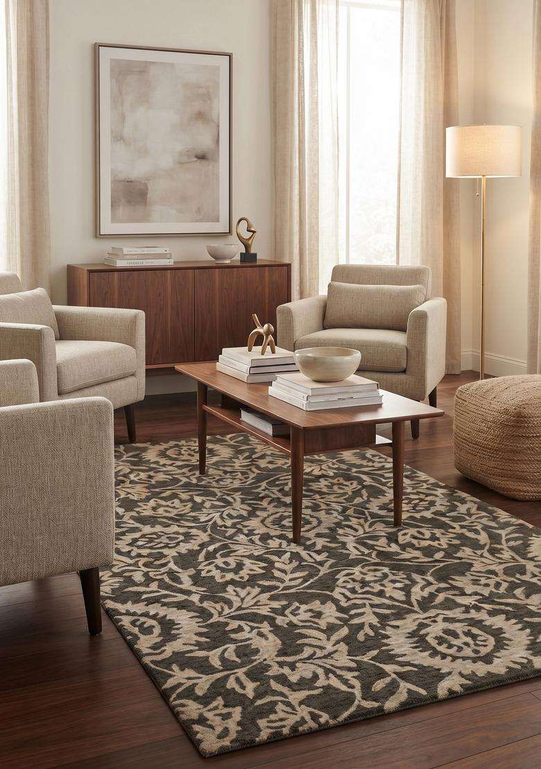 Saffron Rugs Hand-Tufted 100% Wool Area Rug | Charcoal Grey Rectangular Rug | Cotton Backing | Classic Floral Carpet for Living Room - Indya