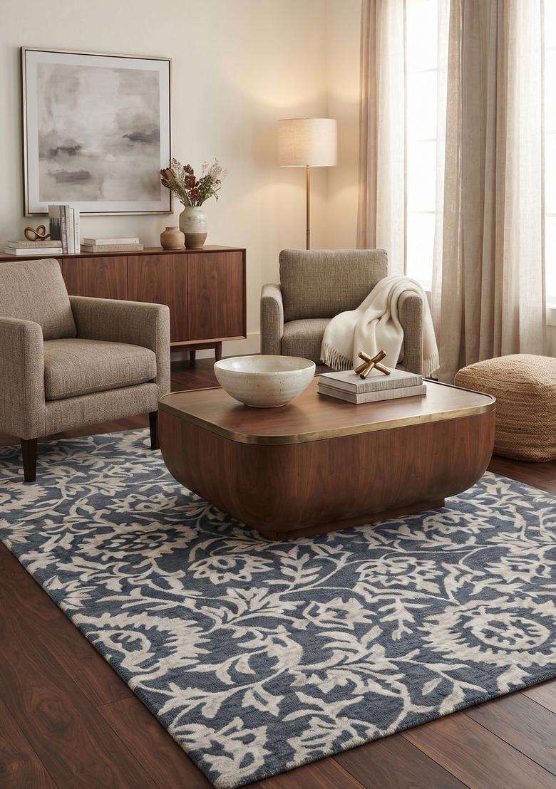 Saffron Rugs Hand-Tufted 100% Wool Area Rug | Steel Blue Grey Rectangular Rug | Cotton Backing | Classic Floral Carpet for Living Room - Indya