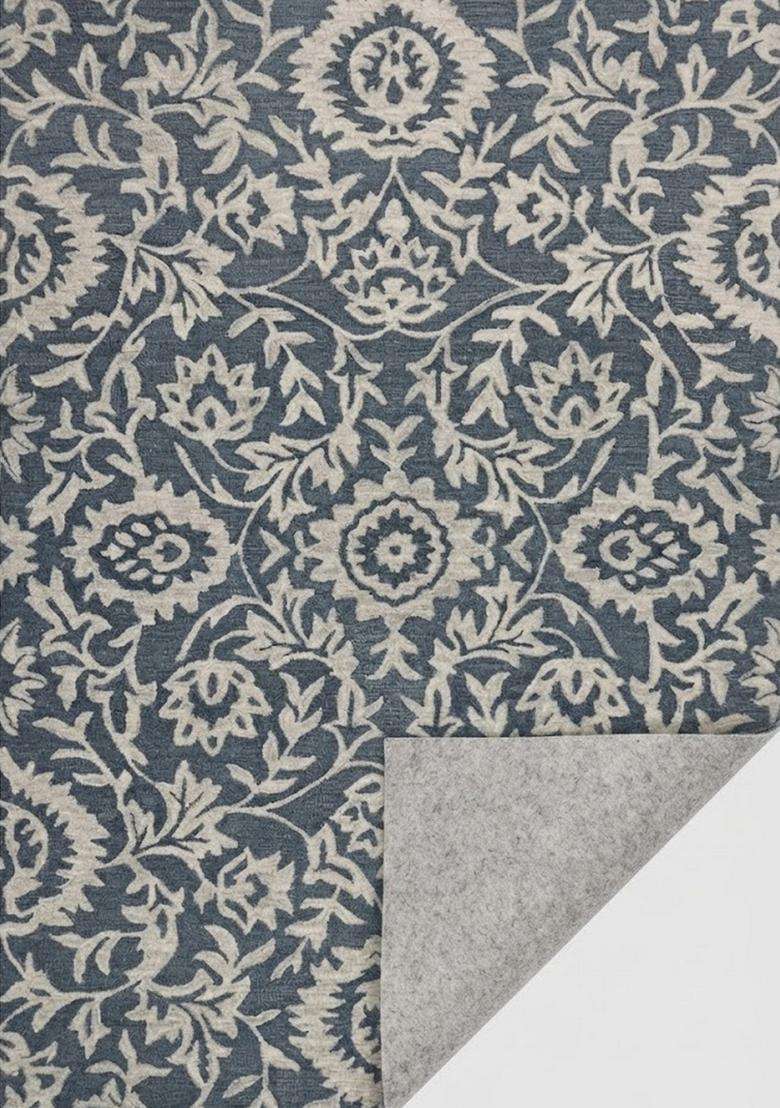 Saffron Rugs Steel Blue Grey Classic Floral Hand Tufted Wool Rectangular Rug - Indya