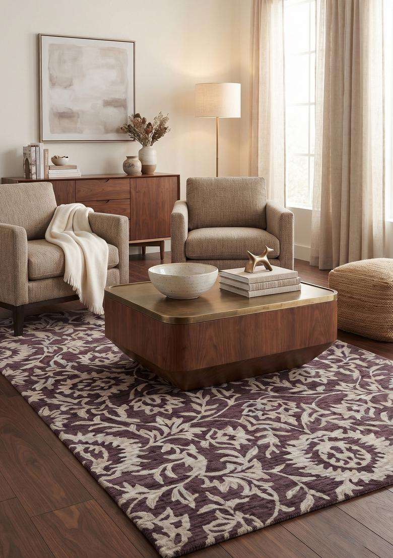 Saffron Rugs Hand-Tufted 100% Wool Area Rug | Dark Plum Purple Rectangular Rug | Cotton Backing | Classic Floral Carpet for Living Room - Indya
