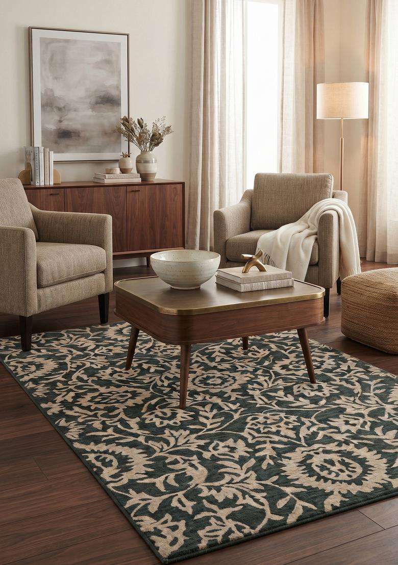Saffron Rugs Hand-Tufted 100% Wool Area Rug | Charcoal Grey Rectangular Rug | Cotton Backing | Classic Floral Carpet for Living Room - Indya