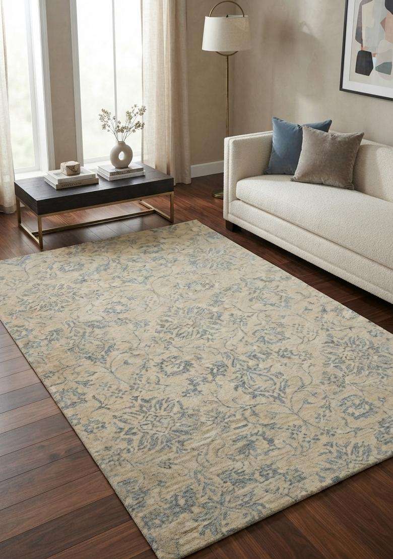 Saffron Rugs Hand-Tufted 100% Wool Area Rug | Beige Blue Rectangular Rug | Cotton Backing | Classic Floral Carpet for Living Room - Indya
