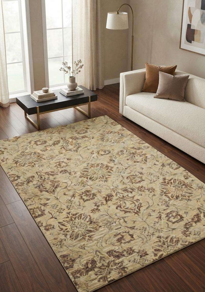 Saffron Rugs Hand-Tufted 100% Wool Area Rug | Beige Brown Rectangular Rug | Cotton Backing | Classic Floral Carpet for Living Room - Indya