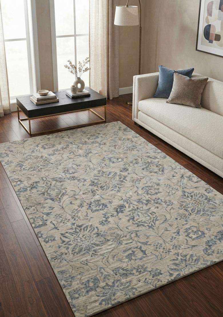Saffron Rugs Beige Blue Classic Floral Hand Tufted Wool Rectangular Rug - Indya