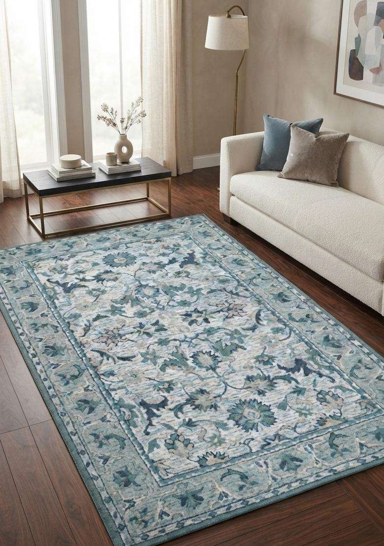 Saffron Rugs Hand-Tufted 100% Wool Area Rug | Light Blue Rectangular Rug | Cotton Backing | Classic Floral Carpet for Living Room - Indya