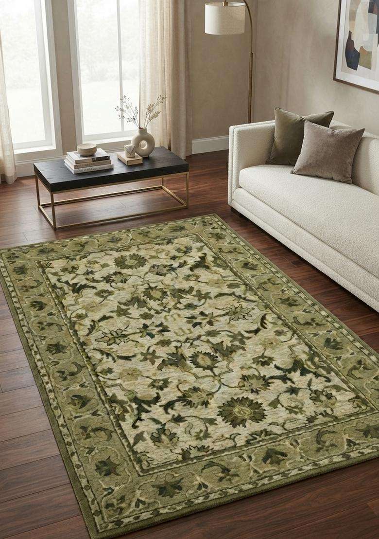 Saffron Rugs Hand-Tufted 100% Wool Area Rug | Sage Green Rectangular Rug | Cotton Backing | Classic Floral Carpet for Living Room - Indya