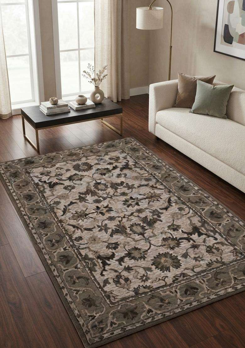Saffron Rugs Grey Beige Oriental Floral Hand Tufted Wool Rectangular Rug - Indya