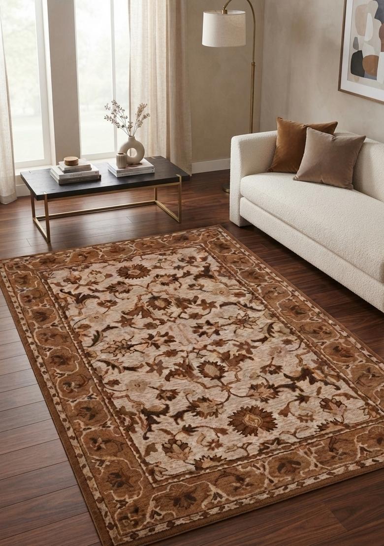 Saffron Rugs Beige Brown Oriental Floral Hand Tufted Wool Rectangular Rug - Indya