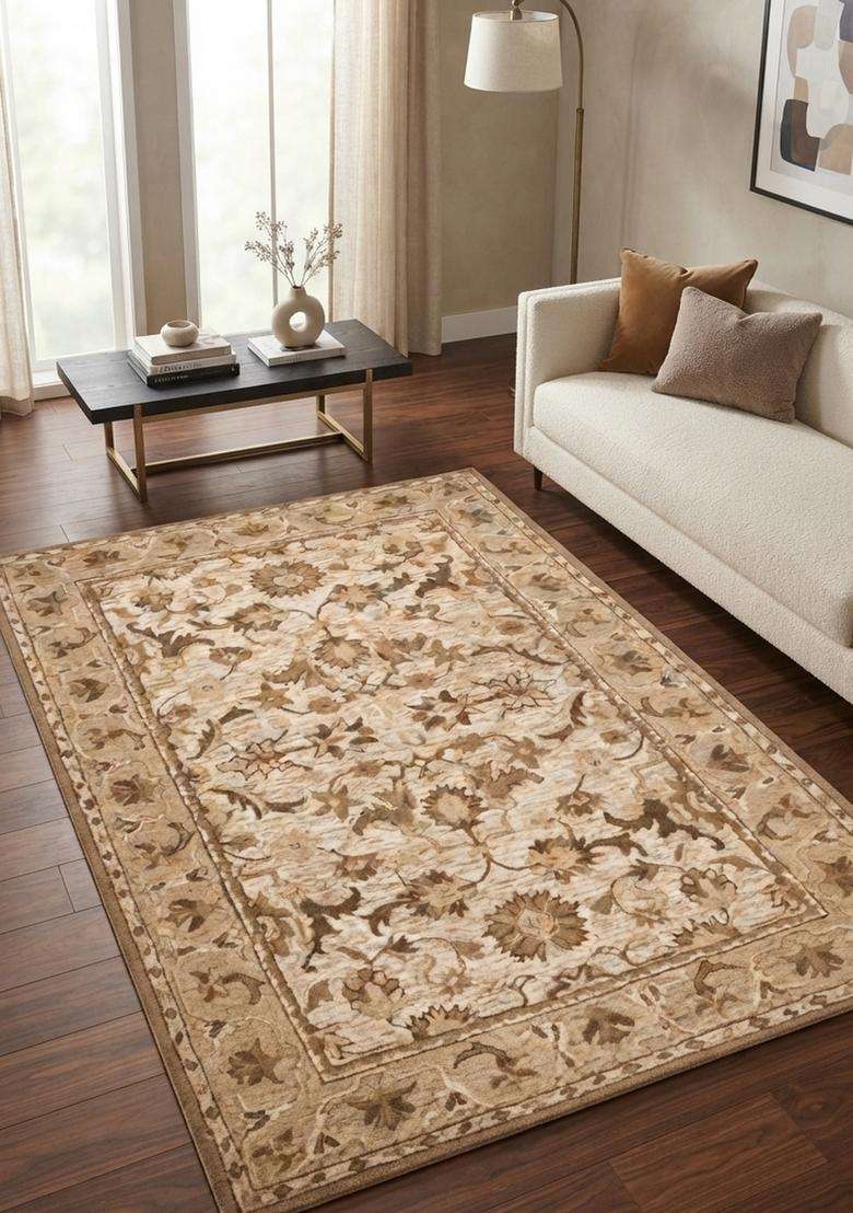 Saffron Rugs Beige Oriental Floral Hand Tufted Wool Rectangular Rug - Indya