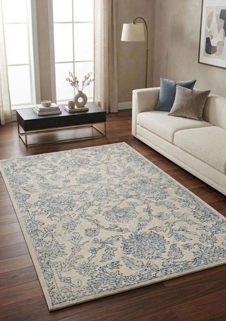 Saffron Rugs Hand-Tufted 100% Wool Area Rug | Ivory Blue Rectangular Rug | Cotton Backing | Transitional Floral Carpet for Living Room - Indya