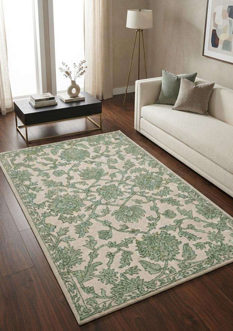 Saffron Rugs Hand-Tufted 100% Wool Area Rug | Sage Green Rectangular Rug | Cotton Backing | Classic Floral Carpet for Living Room - Indya