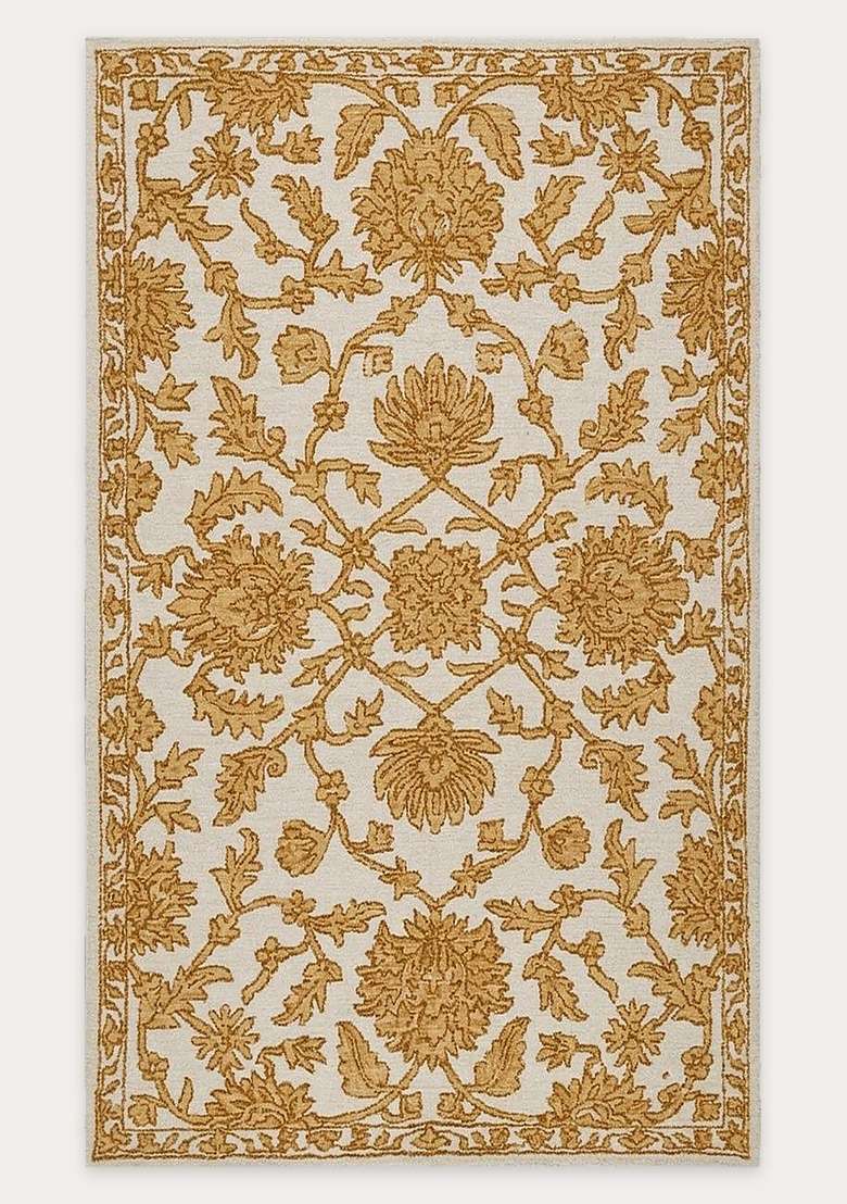 Saffron Rugs Ivory Gold Classic Floral Hand Tufted Wool Rectangular Rug - Indya