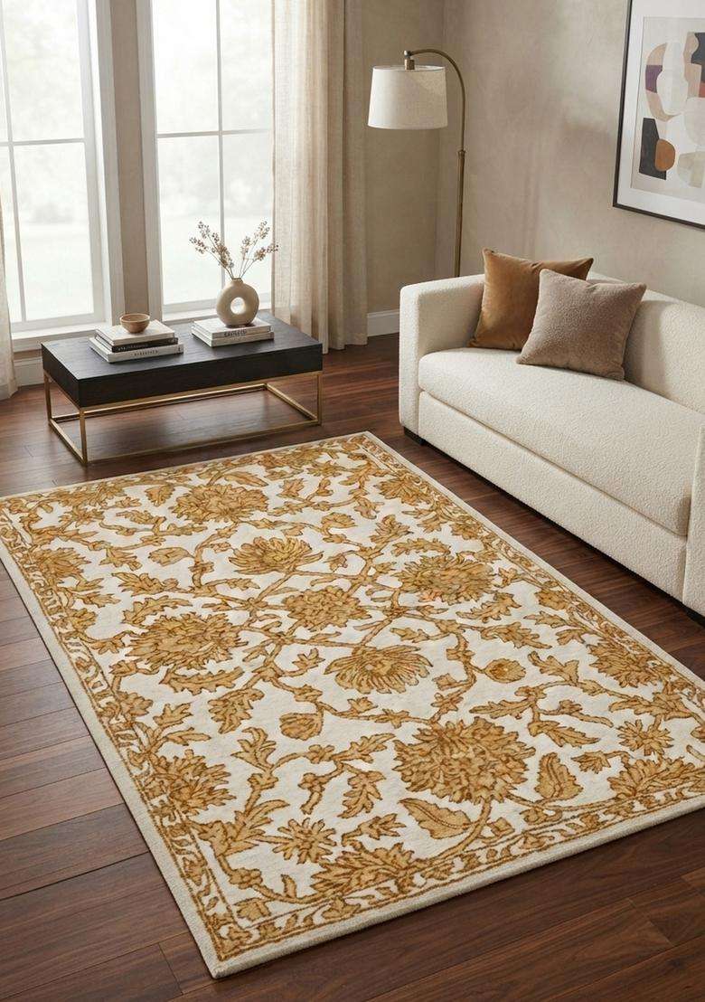 Saffron Rugs Hand-Tufted 100% Wool Area Rug | Ivory Gold Rectangular Rug | Cotton Backing | Classic Floral Carpet for Living Room - Indya