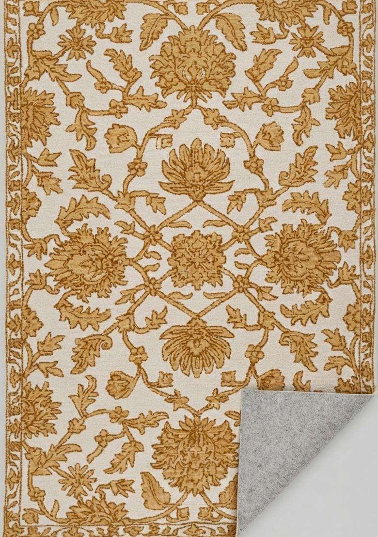 Saffron Rugs Ivory Gold Classic Floral Hand Tufted Wool Rectangular Rug - Indya