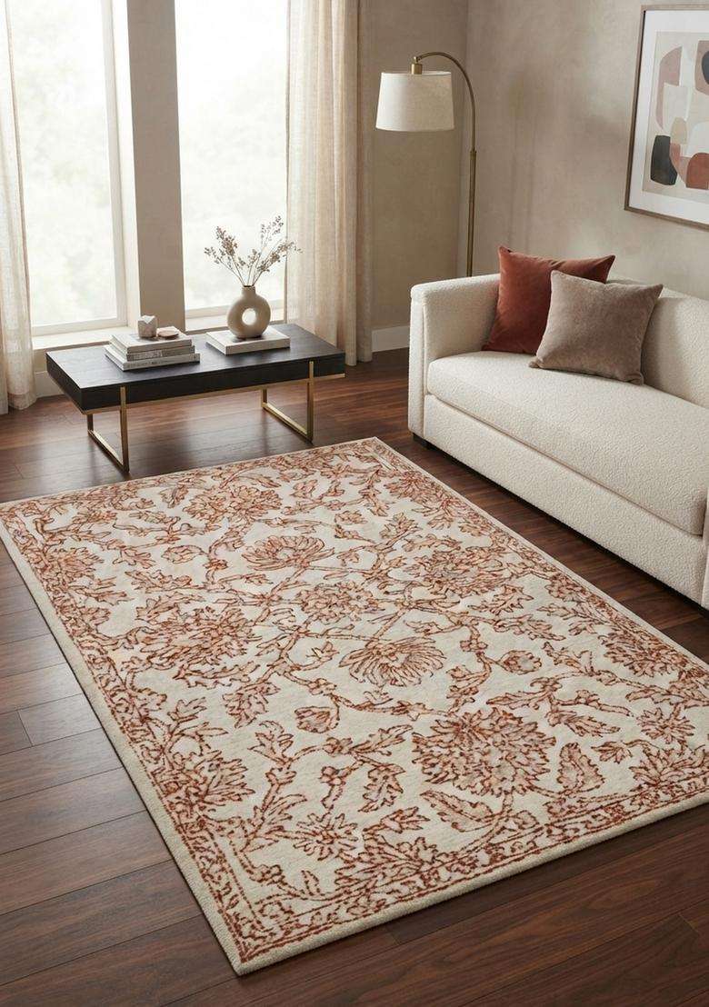 Saffron Rugs Hand-Tufted 100% Wool Area Rug | Beige Terracotta Rectangular Rug | Cotton Backing | Classic Floral Carpet for Living Room - Indya