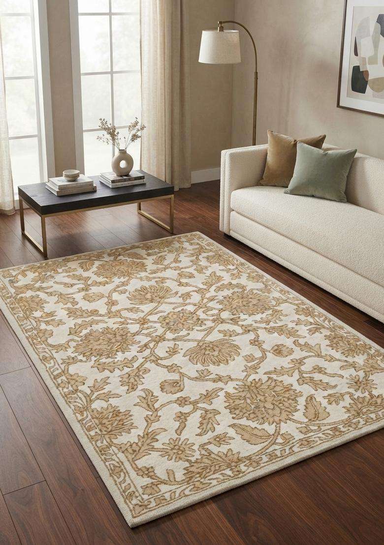 Saffron Rugs Ivory Gold Classic Floral Hand Tufted Wool Rectangular Rug - Indya