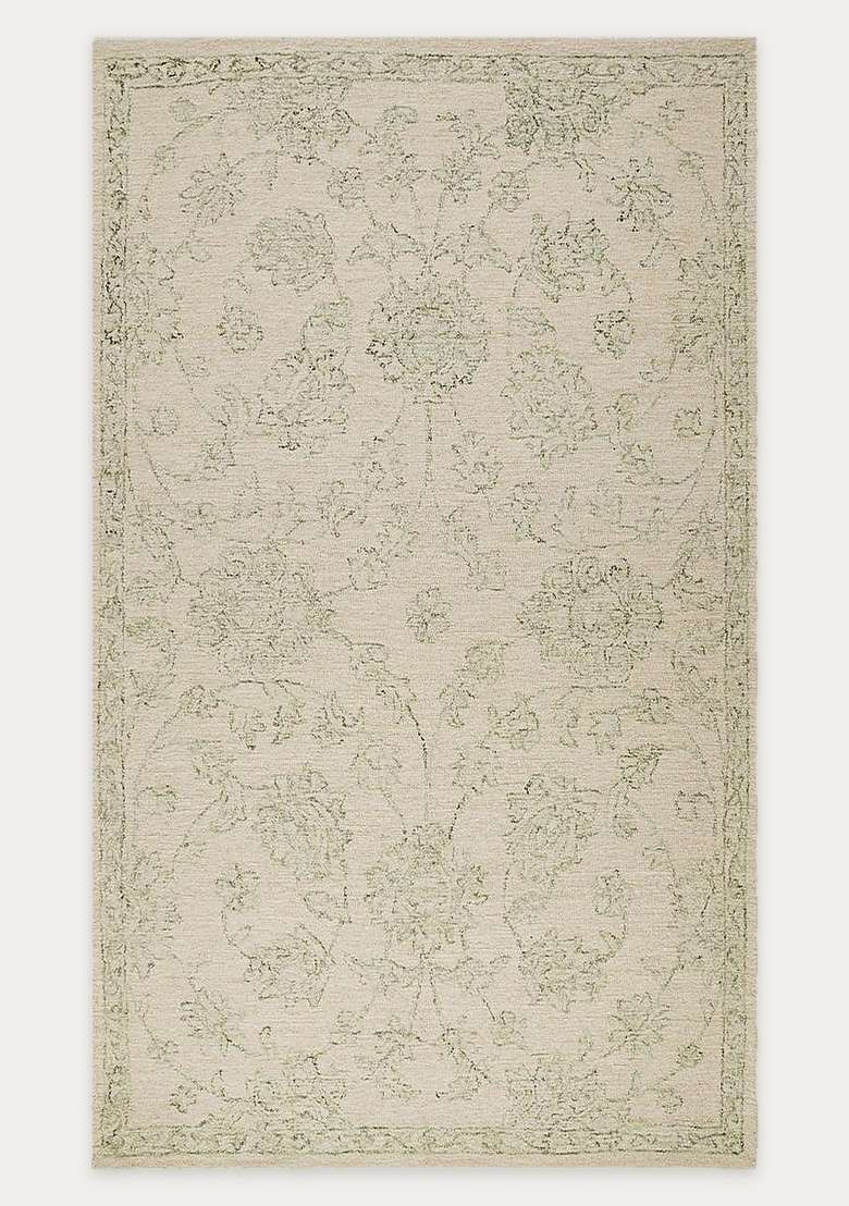 Saffron Rugs Ivory Green Transitional Floral Hand Tufted Wool Rectangular Rug - Indya