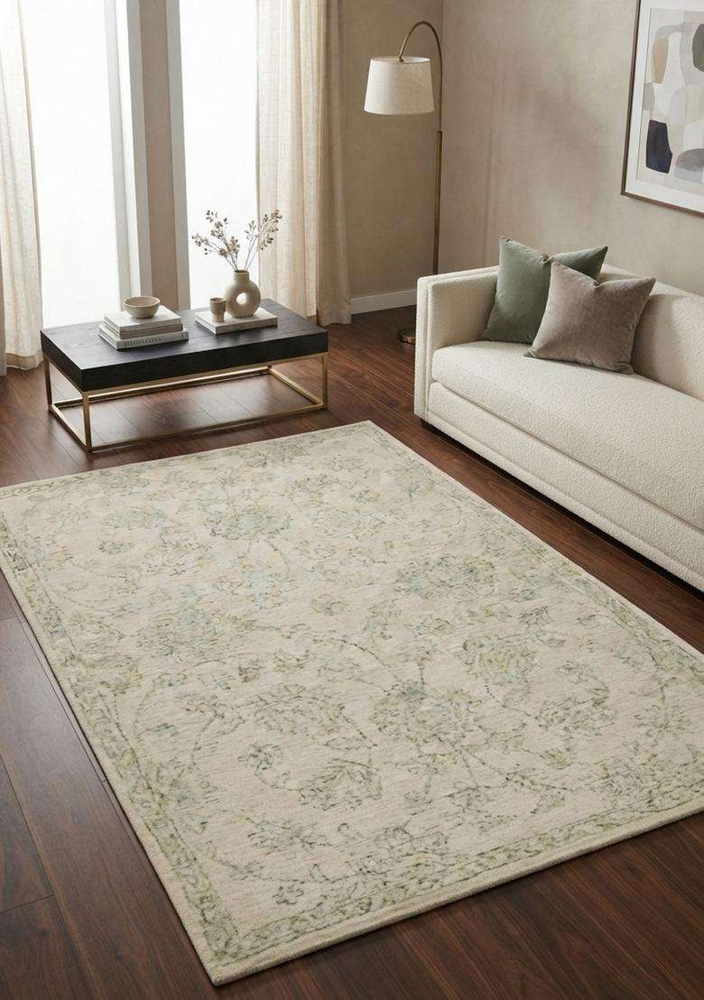 Saffron Rugs Hand-Tufted 100% Wool Area Rug | Ivory Green Rectangular Rug | Cotton Backing | Transitional Floral Carpet for Living Room - Indya