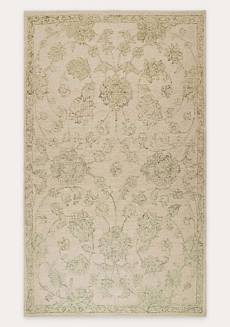 Saffron Rugs Ivory Beige Transitional Floral Hand Tufted Wool Rectangular Rug - Indya