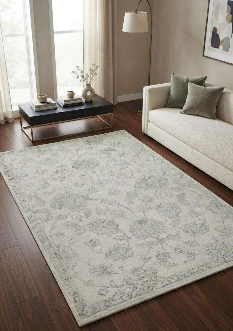 Saffron Rugs Hand-Tufted 100% Wool Area Rug | Ivory Grey Rectangular Rug | Cotton Backing | Transitional Floral Carpet for Living Room - Indya