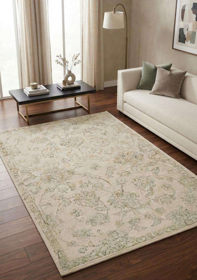 Saffron Rugs Hand-Tufted 100% Wool Area Rug | Beige Rectangular Rug | Cotton Backing | Transitional Floral Carpet for Living Room - Indya