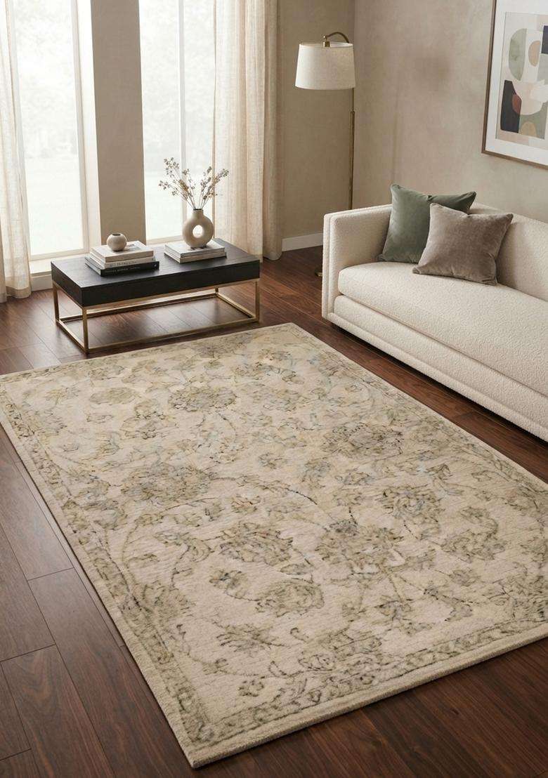Saffron Rugs Hand-Tufted 100% Wool Area Rug | Beige Rectangular Rug | Cotton Backing | Vintage Floral Carpet for Living Room - Indya