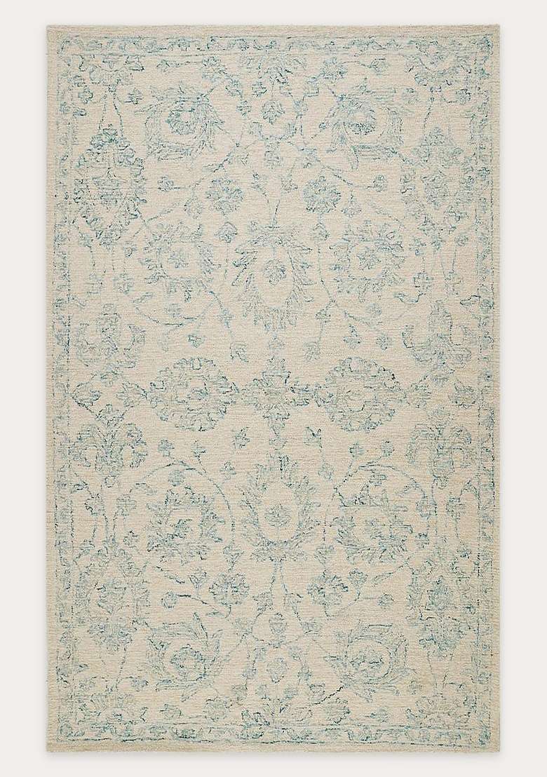 Saffron Rugs Cream Blue Transitional Floral Hand Tufted Wool Rectangular Rug - Indya