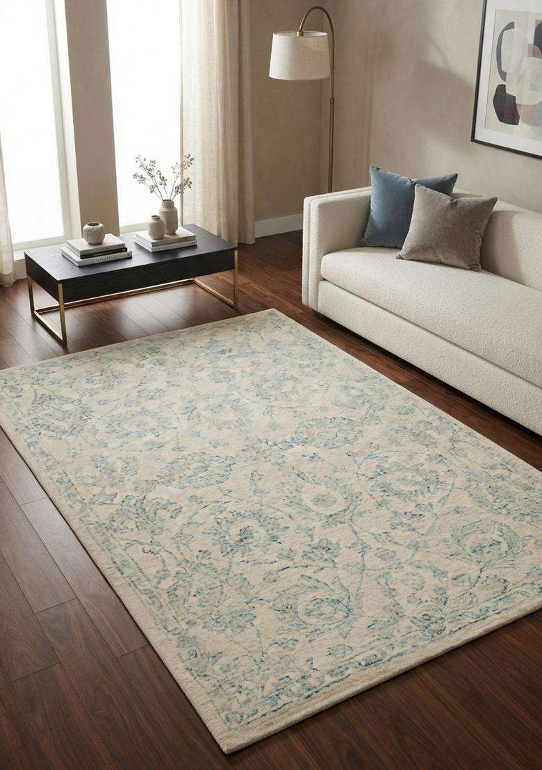 Saffron Rugs Hand-Tufted 100% Wool Area Rug | Cream Blue Rectangular Rug | Cotton Backing | Transitional Floral Carpet for Living Room - Indya