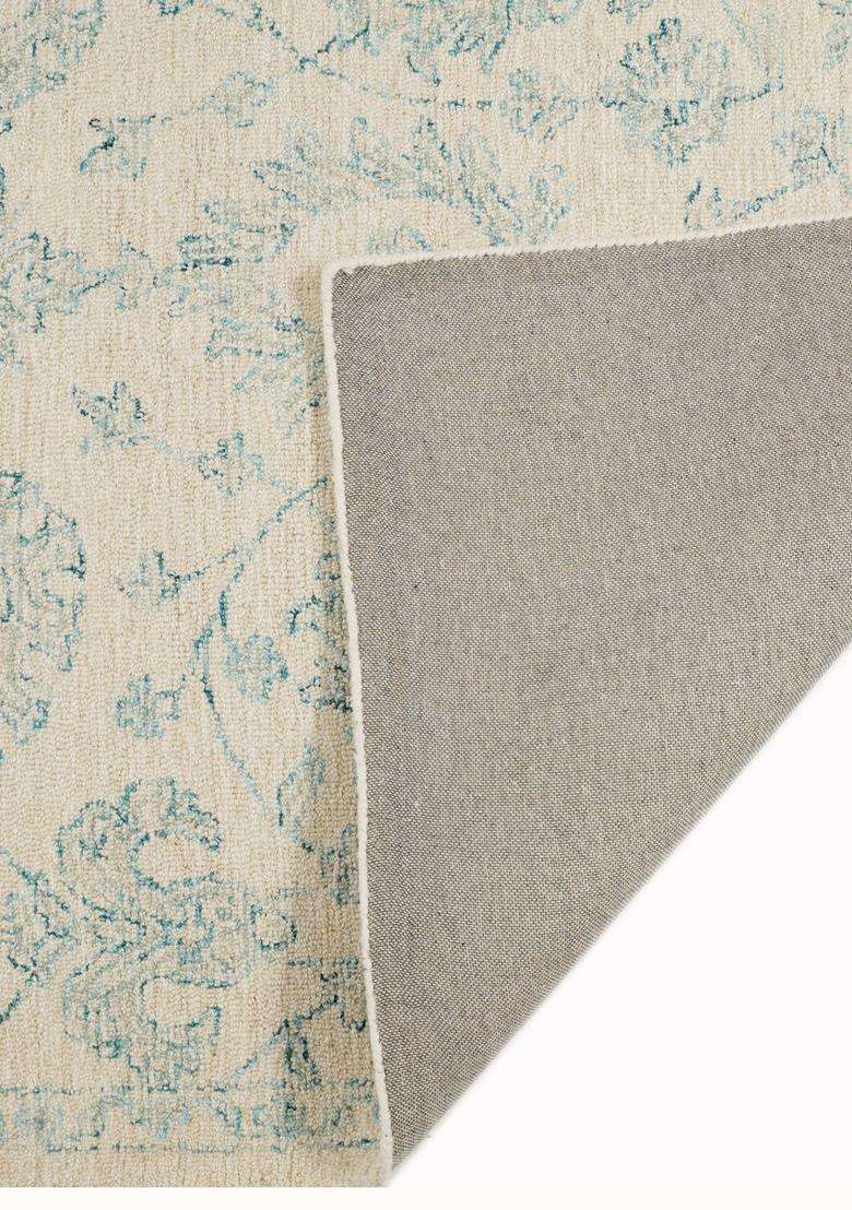 Saffron Rugs Cream Blue Transitional Floral Hand Tufted Wool Rectangular Rug - Indya