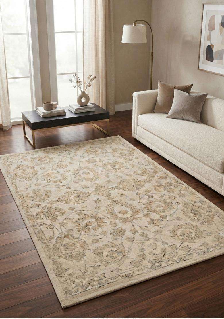 Saffron Rugs Hand-Tufted 100% Wool Area Rug | Ivory Beige Rectangular Rug | Cotton Backing | Classic Floral Carpet for Living Room - Indya