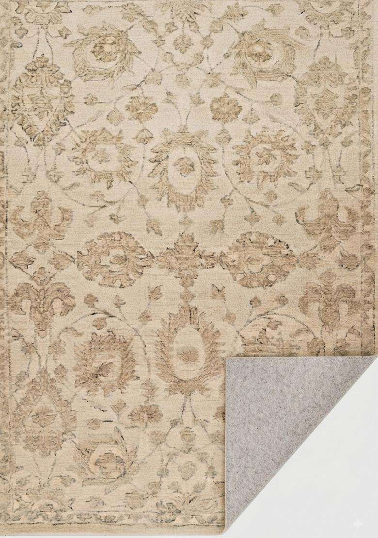 Saffron Rugs Ivory Beige Classic Floral Hand Tufted Wool Rectangular Rug - Indya