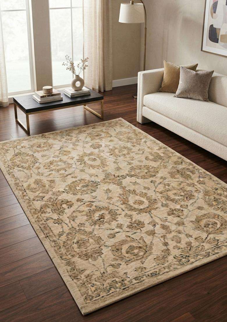 Saffron Rugs Hand-Tufted 100% Wool Area Rug | Ivory Beige Rectangular Rug | Cotton Backing | Oriental Floral Carpet for Living Room - Indya