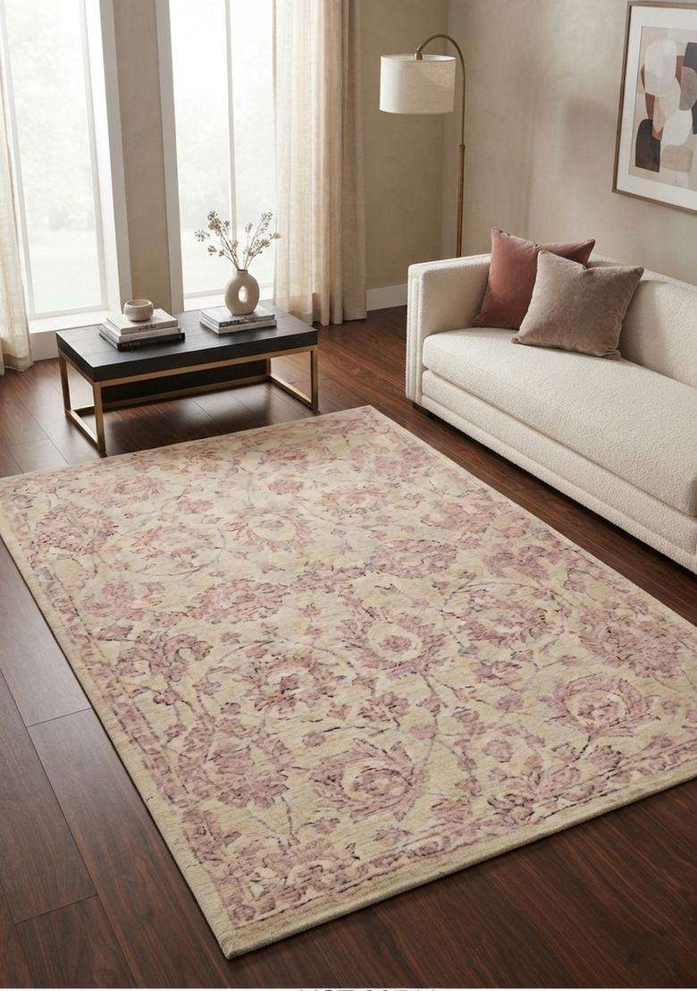 Saffron Rugs Hand-Tufted 100% Wool Area Rug | Pink Beige Rectangular Rug | Cotton Backing | Vintage Floral Carpet for Living Room - Indya