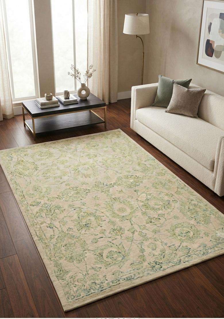 Saffron Rugs Hand-Tufted 100% Wool Area Rug | Ivory Green Rectangular Rug | Cotton Backing | Classic Floral Carpet for Living Room - Indya