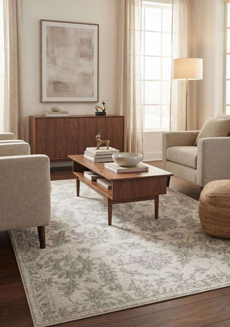 Saffron Rugs Hand-Tufted 100% Wool Area Rug | Ivory Grey Rectangular Rug | Cotton Backing | Transitional Floral Carpet for Living Room - Indya