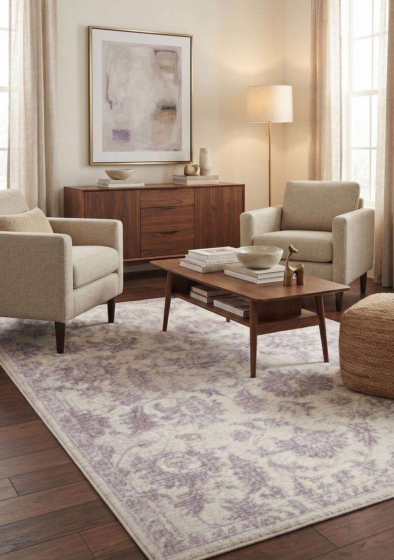 Saffron Rugs Hand-Tufted 100% Wool Area Rug | Lavender Grey Rectangular Rug | Cotton Backing | Vintage Floral Carpet for Living Room - Indya
