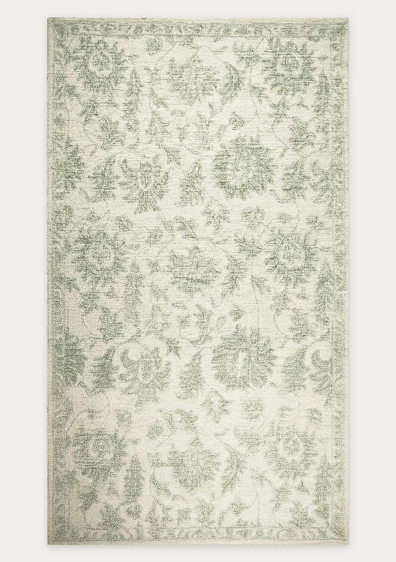 Saffron Rugs Hand-Tufted 100% Wool Area Rug | Ivory Green Rectangular Rug | Cotton Backing | Transitional Floral Carpet for Living Room - Indya