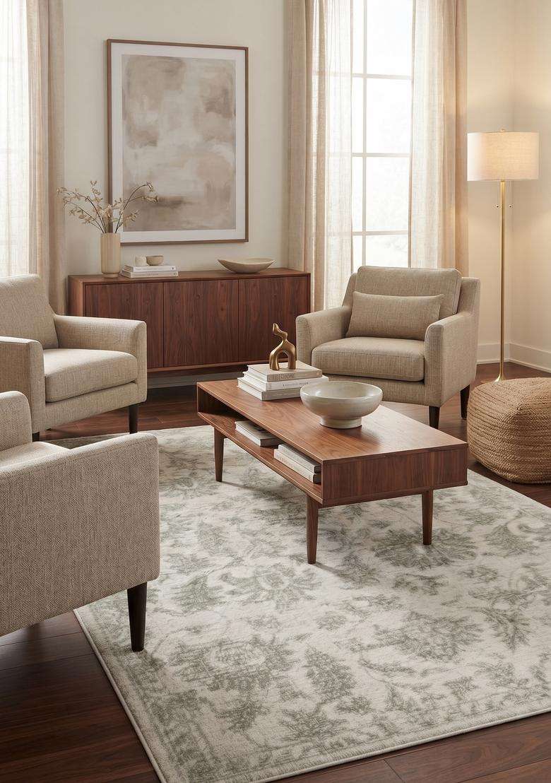 Saffron Rugs Ivory Green Transitional Floral Hand Tufted Wool Rectangular Rug - Indya