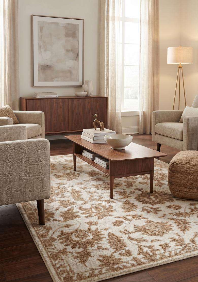 Saffron Rugs Ivory Brown Classic Floral Hand Tufted Wool Rectangular Rug - Indya