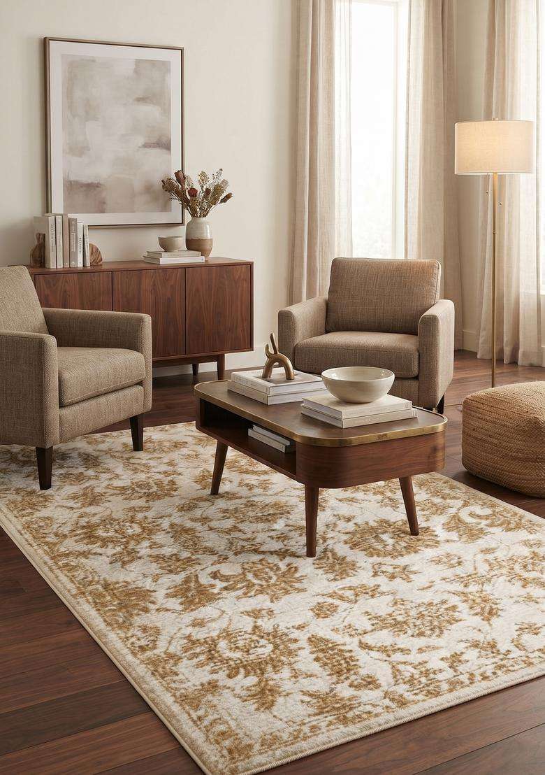 Saffron Rugs Hand-Tufted 100% Wool Area Rug | Cream and Gold Rectangular Rug | Cotton Backing | Classic Floral Carpet for Living Room - Indya