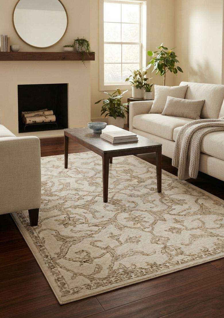 Saffron Rugs Hand-Tufted 100% Wool Area Rug | Ivory Beige Rectangular Rug | Cotton Backing | Classic Floral Carpet for Living Room - Indya