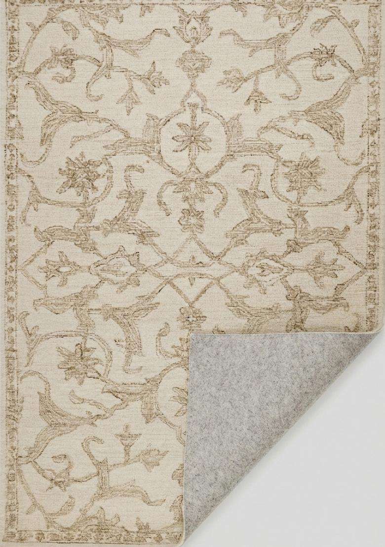 Saffron Rugs Ivory Beige Classic Floral Hand Tufted Wool Rectangular Rug - Indya