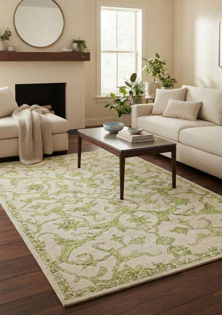 Saffron Rugs Hand-Tufted 100% Wool Area Rug | Cream Green Rectangular Rug | Cotton Backing | Transitional Floral Carpet for Living Room - Indya