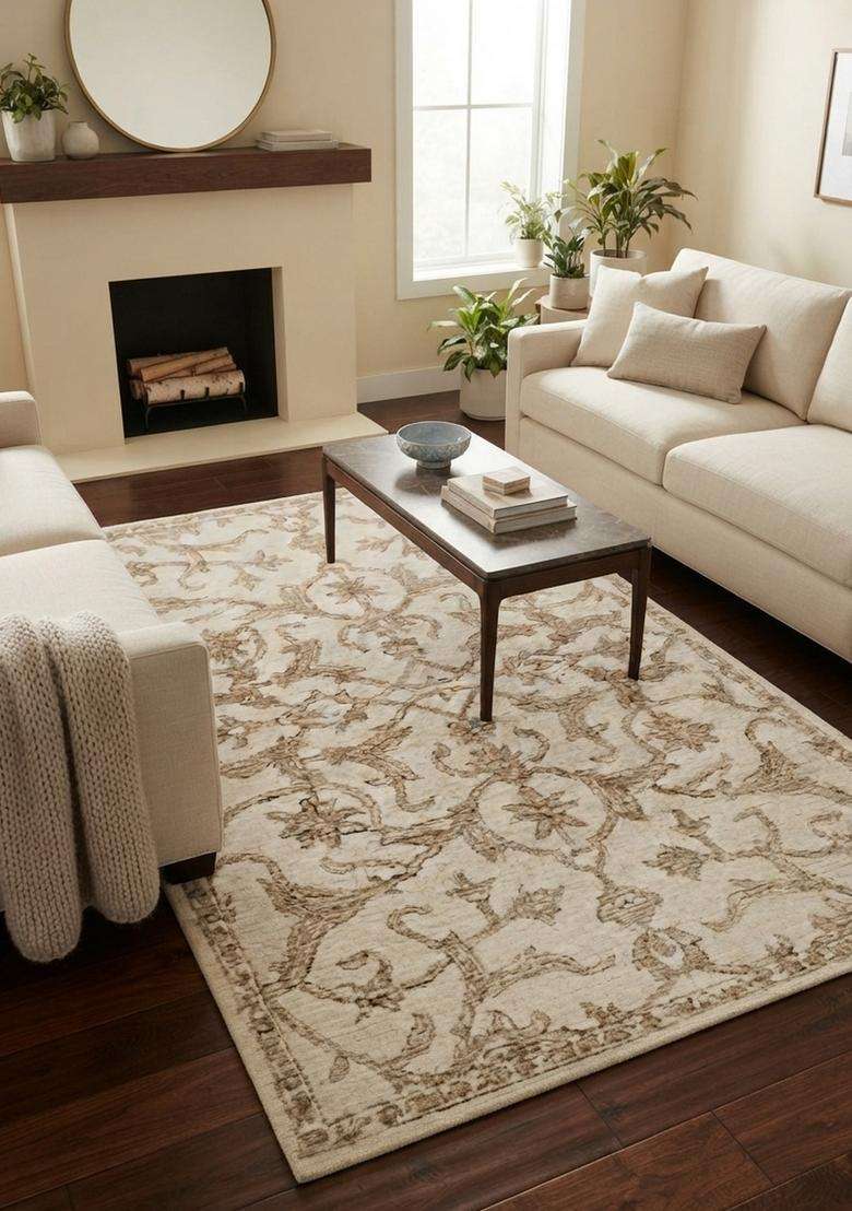 Saffron Rugs Ivory Beige Classic Floral Hand Tufted Wool Rectangular Rug - Indya