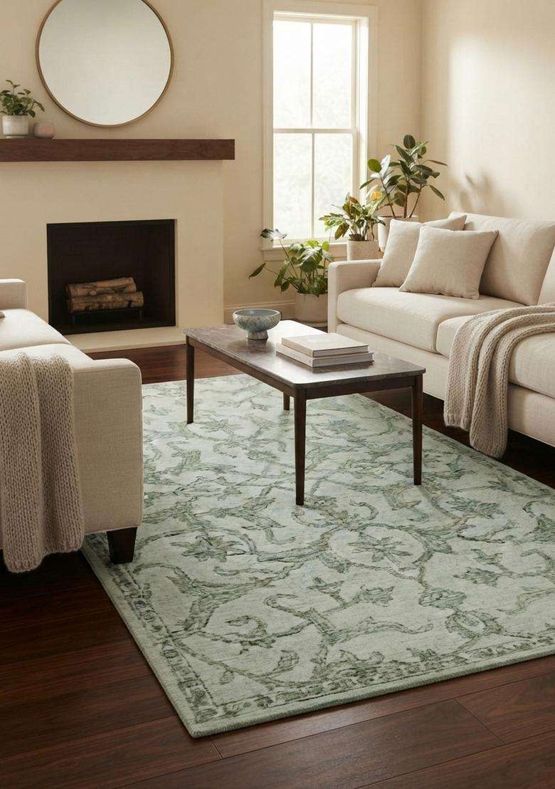 Saffron Rugs Hand-Tufted 100% Wool Area Rug | Sage Green Rectangular Rug | Cotton Backing | Classic Floral Carpet for Living Room - Indya
