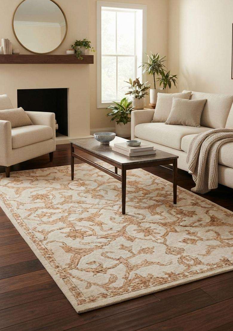 Saffron Rugs Hand-Tufted 100% Wool Area Rug | Ivory Beige Rectangular Rug | Cotton Backing | Classic Trellis Carpet for Living Room - Indya