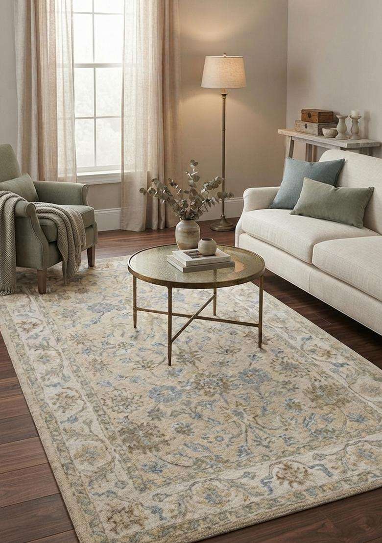 Saffron Rugs Cream Oriental Floral Hand Tufted Wool Rectangular Rug - Indya