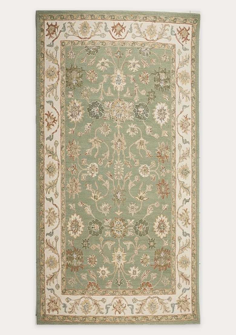 Saffron Rugs Sage Green Classic Floral Hand Tufted Wool Rectangular Rug - Indya